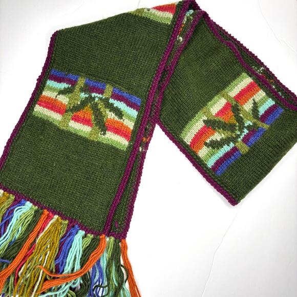 Knit Wool Pocket Scarf Lost Horizons Green Striped Handmade Nepal 9x63 Warm Boho - Picture 3 of 9